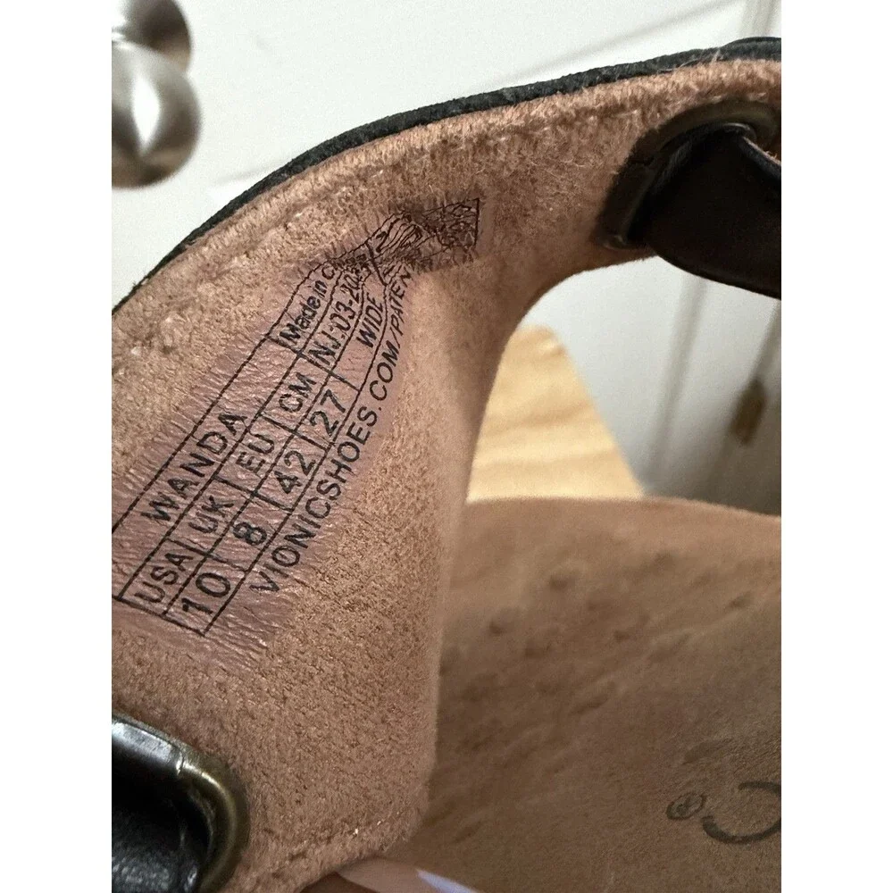 Vionic Wanda Leather Toe Black Thong With Tan Foot Padding Women Sz 10 Wide